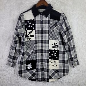 Susan Bristol PS Black Gray Plaid Knit Patchwork Button Up Oversized Winter